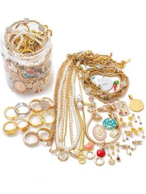 Mystery Jewelry Jar - 60 Pcs Gold & Silver Jewelry Set, Dainty Necklaces